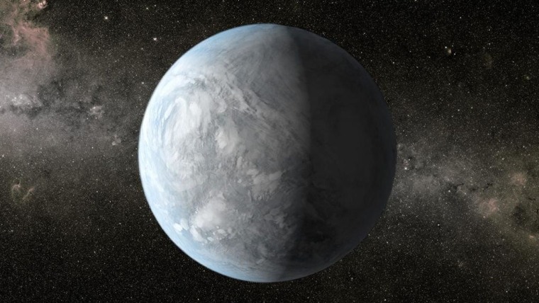 This artist's concept depicts Kepler-62e, a super-Earth planet in the habitable zone of a star smaller and cooler than the sun, located about 1,200 light-years from Earth in the constellation Lyra.
