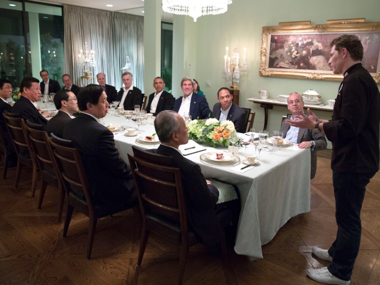 Chef Bobby Flay is introduced at the conclusion of a working dinner between President Barack Obama and President Xi Jinping of the People's Republic o...