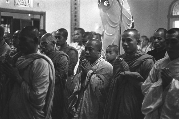 Buddhist monks pray at Xa Loi pagoda, on June 11, 1963, prior to staging a protest march against the government's oppressive actions against Buddhists.