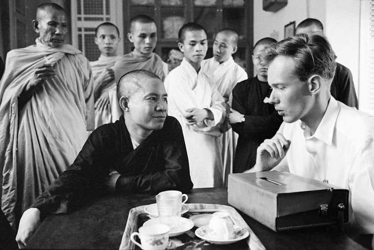 AP Saigon correspondent Malcolm Browne interviews Quang Lien, leading spokesman for the Xa Loi Buddhist pagoda in Saigon, on June 27, 1963.