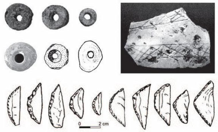 These stone tools, 40,000 to 50,000 years old, and the abstract artistic decorations from South Asia (shown) closely resemble slightly older finds in South and East Africa.
