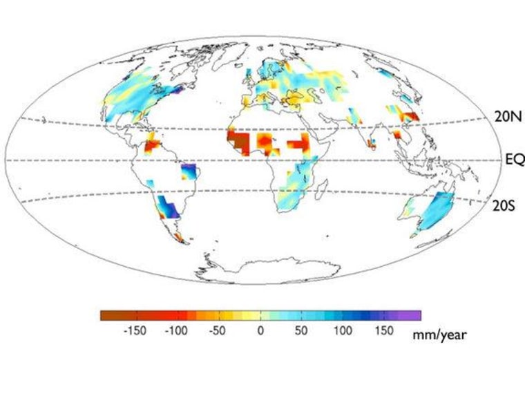 Global precipitation change between 1931 to 1950 and 1961 to1980. The African Sahel, center, is much drier, while East Africa and East Brazil are wetter.