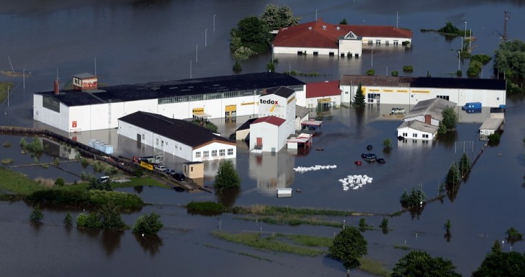 Floodwater inundates Fischbeck, Germany, on June 10, 2013. German Chancellor Angela Merkel praised rescue efforts on her third trip to water-logged regions Monday as central Europe grappled with historic floods that have killed at least 19 people.