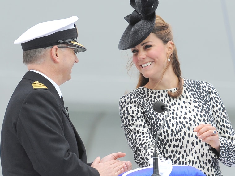 The Duchess of Cambridge officially names the Royal Princess with a traditional blessing involving smashing a bottle over the ship's hull in what is expected to her final solo engagement before the birth of her and Prince William's child.