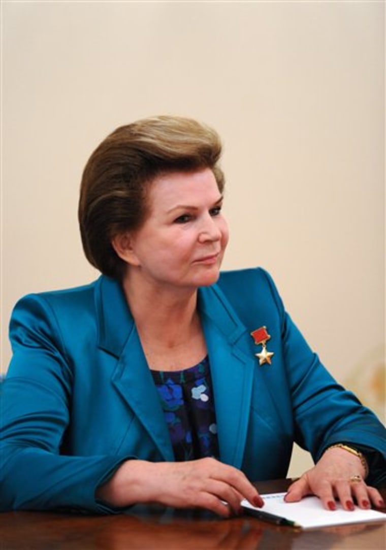 Cosmonaut Valentina Tereshkova, the first woman in space attends a meeting with Russian President Vladimir Putin in the Novo-Ogaryovo residence outside Moscow on Friday, June 14, 2013.
