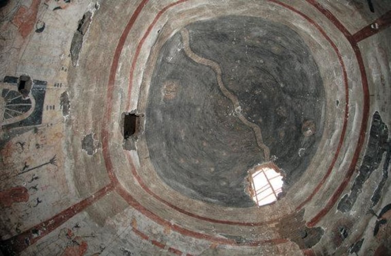 The dome ceiling of the 1,500-year-old tomb, which was discovered in Shuozhou City, China, is painted dark gray to
