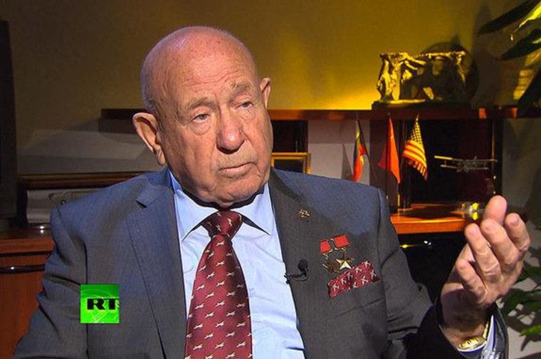 A still photo from a video of former Soviet cosmonaut Alexei Leonov, the first man to walk in space, during his interview with the RT television network talking about the mysterious death of Yuri Gagarin..