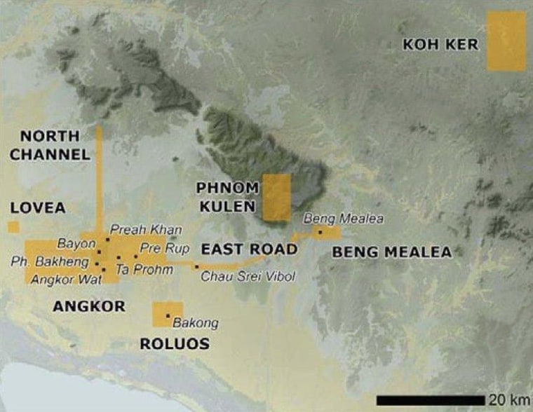 A map of northwest Cambodia provides an overview of the areas where lidar imagery was acquired, indicated with yellow shading. The background data is from NASA's Shuttle Radar Topography Mission.