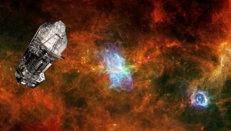 This artist's illustration shows the European Space Agency's infrared Herschel Space Obsevatory set against a background image of the Vela C star-forming region. The space telescope launched in 2009 and ended its mission in 2013.
