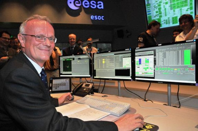 Martin Kessler, head of ESA's science operations department, sends the final command to the Herschel space telescope from the European Space Operations Center in Darmstadt, Germany.
