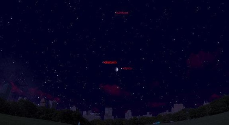 This sky map for shows the location of Saturn, Spica and Arcturus in the night sky for June 18. The trio form a cosmic triangle in the northern summer months.