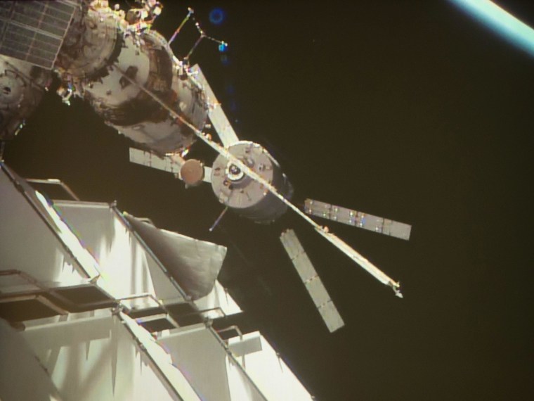 The European Space Agency's Einstein cargo craft docks with the International Space Station on Saturday.