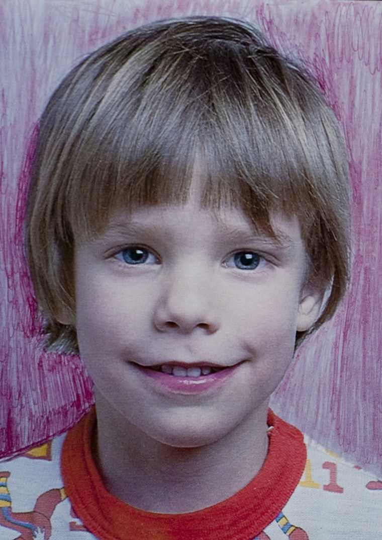 A copy photo of Etan Patz taken from his missing poster is shown during a news conference near a New York City apartment building, where police and FB...