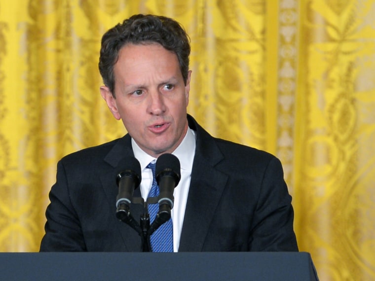 Former Secretary of the Treasury Tim Geithner speaks after President Barack Obama announced his choice of White House Chief of Staff Jack Lew as the ...