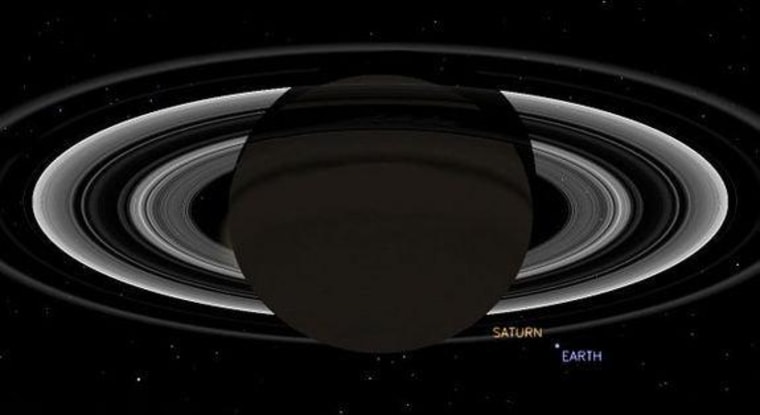 This simulated view from NASA's Cassini spacecraft shows the expected positions of Saturn and Earth on July 19, around the time Cassini will take Earth's picture. Cassini will be about 898 million miles (1.44 billion kilometers) away from Earth at the time. That distance is nearly 10 times the distance from the sun to Earth.