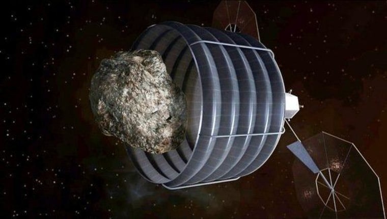 A notional concept of a solar-electric-powered spacecraft, designed to capture a small near-Earth asteroid and relocate it safely close to the Earth-moon system so astronauts can explore it.