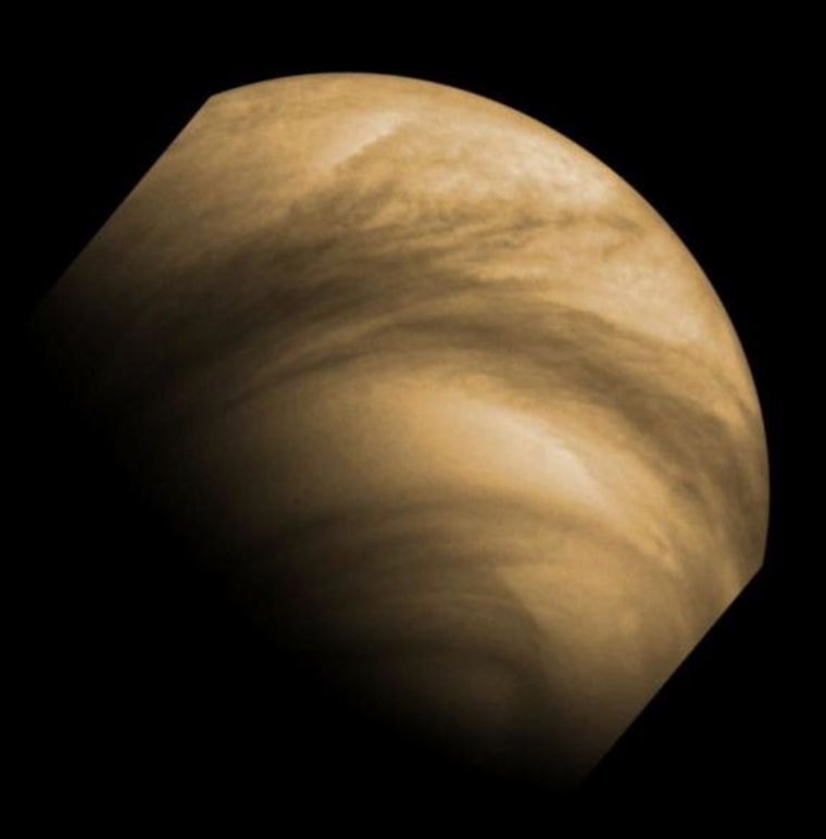 This false-color image of cloud features seen on Venus by the Venus Monitoring Camera (VMC) on the European Space Agency's Venus Express. The image was captured from a distance of 30 000 km on Dec. 8, 2011. Venus Express has been in orbit around the planet since 2006.
