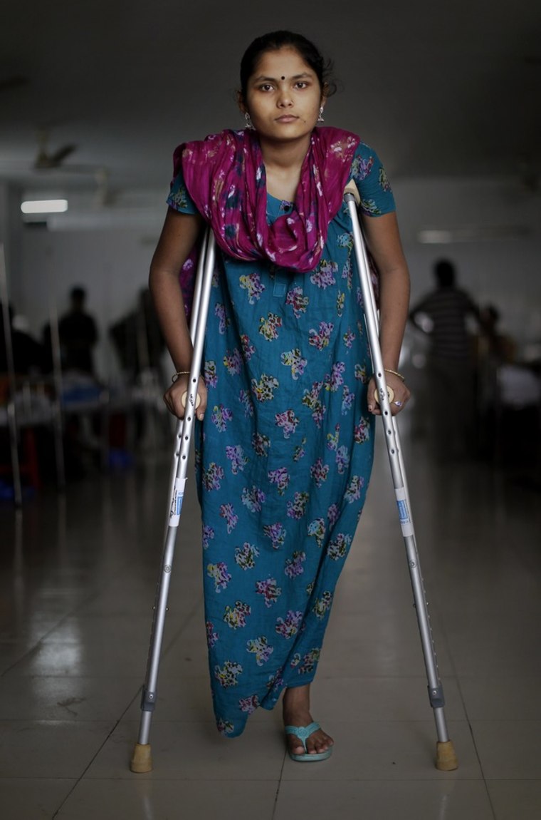 Bangladeshi garment worker Sonia, 18, worked on the 6th floor of Rana Plaza. She had her right leg amputated to free her from the rubble when she was rescued nearly 48 hours after the building collapsed.