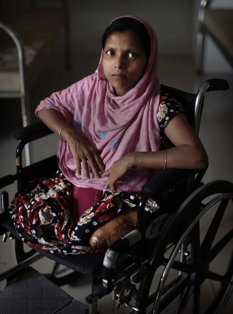 Pakhi, 25, worked on the 5th floor of Rana Plaza. She had both her legs amputated ito free her from the rubble when she was rescued nearly 72 hours after the building collapsed.