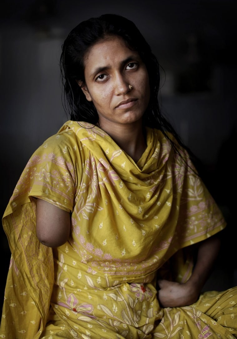 Bangladeshi garment worker Mariyam, 30, worked on the 6th floor of Rana Plaza. She had her right arm amputated to free her from the rubble when she was rescued nearly 72 hours after the building collapsed.