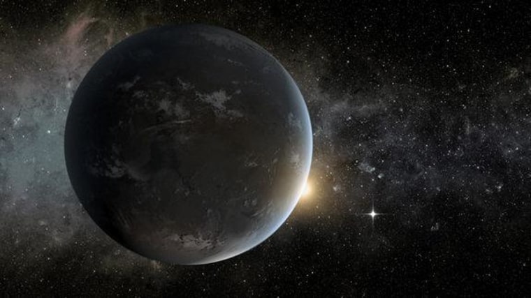 This artist's concept depicts Kepler-62f, a planet 1.4 times the size of Earth that circles in the habitable zone of its host star. The small shining object at right is Kepler-62e, another potentially habitable world in the five-planet system.