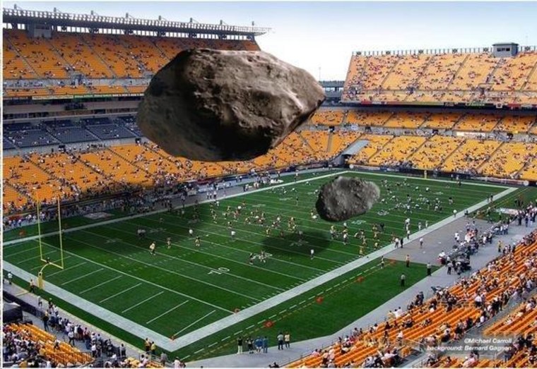 An ilustration of the relative size for DA14 and Chelyabinsk Meteor compared with a footbal field.