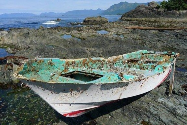 In this photo released by NOAA, a boat lost in the Japanese tsunami of 2011 sits onshore on a remote Canadian island. The boat was discovered Aug. 9, 2012.