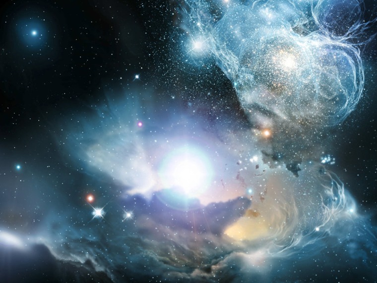 An artist's impression shows a primordial quasar as it might have appeared in the early universe, surrounded by sheets of gas, dust, stars and early star clusters.
