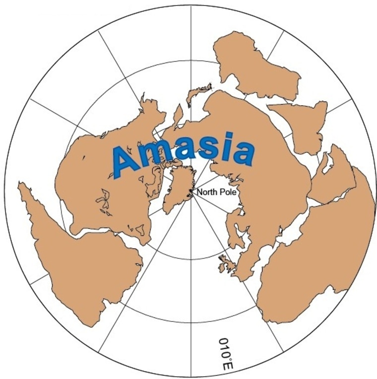 A polar-projection map shows how the next supercontinent, dubbed Amasia, may shape up 50 million to 100 million years from now, based on an orthoversion model of continental drift.
