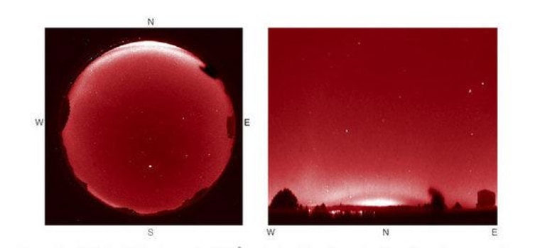 At left, an all-sky image of red light taken from Italy in 2011. To the north appears the diffuse aurora just above the horizon, with a red arc above it. At right, the northern portion of the image.