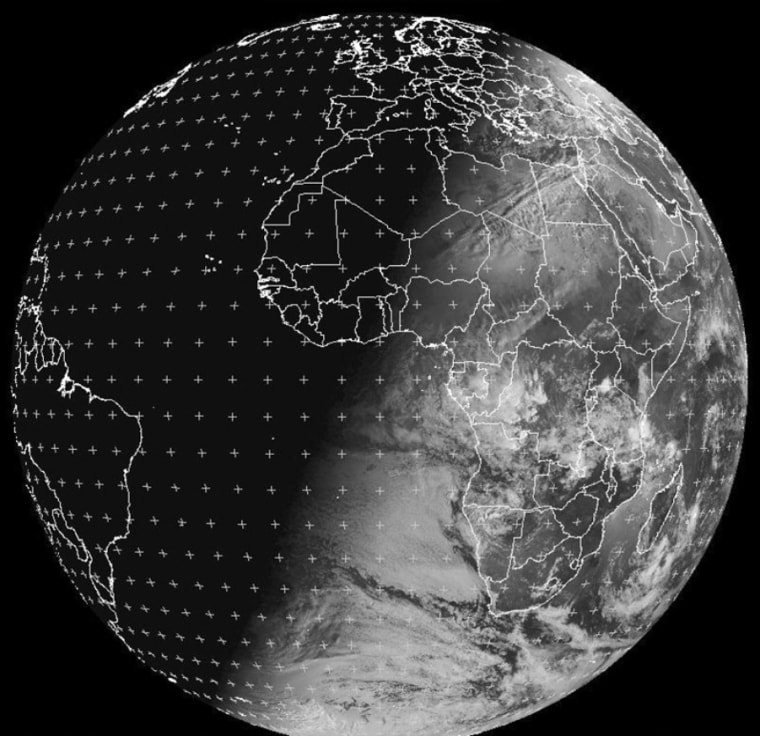 This picture of Earth was taken at 06:00 GMT on Dec. 21 by Eumetsat's Meteosat-9, a meteorological satellite that is stationed in geosynchronous orbit above a point close to Africa's west coast. The picture illustrates how Earth's tilt with respect to the sun creates the darkest night of the year for the Northern Hemisphere, and the longest stretch of daylight for the Southern Hemisphere.