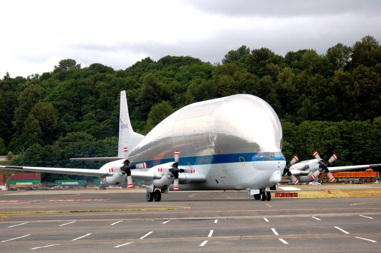 After its touchdown at Seattle's Boeing Field, the turboprop-powered Super Guppy taxis over to the Museum of Flight next door.