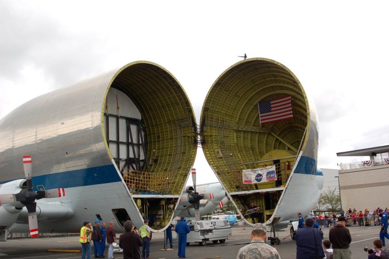 The entire front of the Super Guppy swings open to reveal the cargo inside.