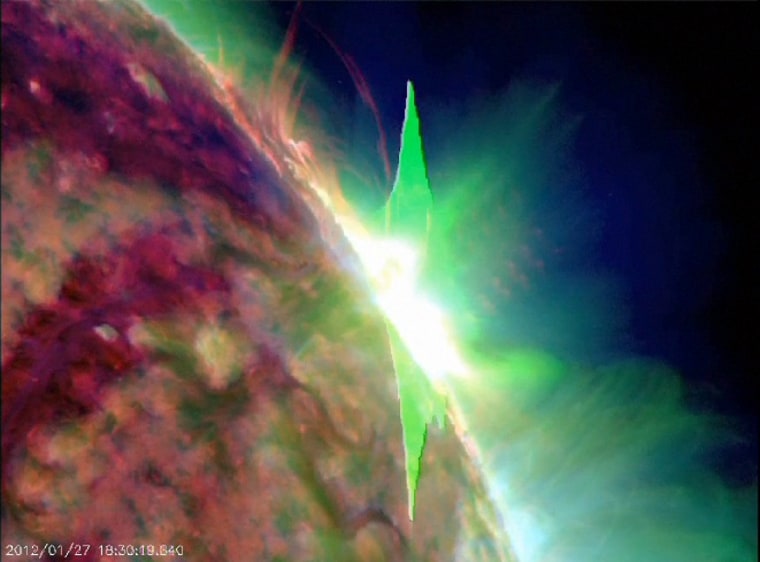 NASA's Solar Dynamics Observatory captures a picture of sunspot 1402 unleashing an X2-class solar flare on Friday, seen in ultraviolet wavelengths.