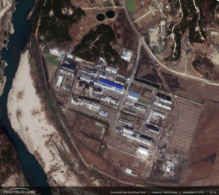 This high-resolution satellite image from DigitalGlobe, acquired on Nov. 4, 2010, shows new construction at North Korea's Yongbyon nuclear site. The building with a deep blue roof is thought to be a gas centrifuge plant.