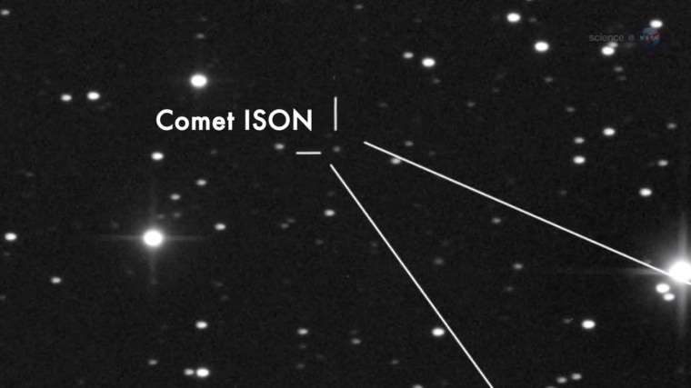 This still from a NASA video identifies comet C/2012 S1 (ISON), better known as Comet ISON, in a telescope image.