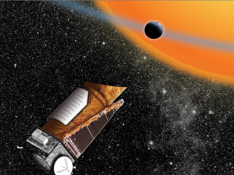 An artist's conception shows NASA's Kepler Space Telescope observing the transit of a planet across the disk of an alien star. In this artwork, the view of the star and its planet are magnified far beyond what's actually achievable.