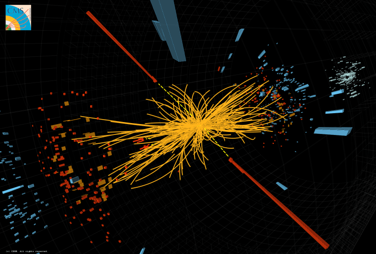 This graphic shows a typical candidate event in the search for the Higgs boson, including two high-energy photons whose energy (depicted by red towers) has been measured in the CMS electromagnetic calorimeter. The yellow lines are the measured tracks of other particles produced in the collision.