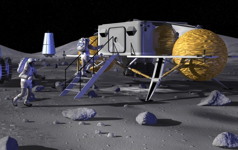 An artist's conception shows astronauts walking up to an early lunar habitat. Five years ago, NASA was considering the deployment of such a habitat in the 2020s.