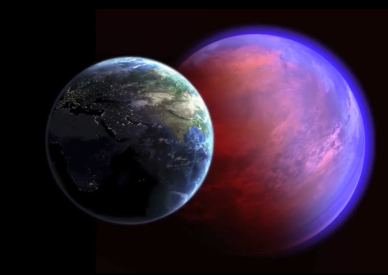 This artist's impression shows Earth alongside the super-Earth known as 55 Cancri C, which is thought to be a little more than twice as wide as our planet and 7.8 times as massive.
