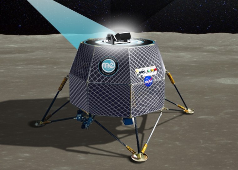 An artist's conception shows the ILO-X telescope demonstrator, mounted on the Moon Express lander and receiving beamed commands from its operators on Earth.