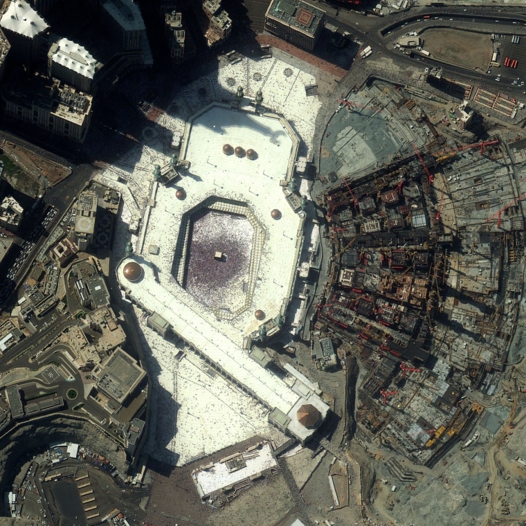 Worshipers crowd around the Kaaba shrine in the Saudi city of Mecca, venerated as the most sacred site in Islam, in a satellite picture from DigitalGlobe. The image was captured from orbit on Nov. 2, just before the beginning of the annual Hajj pilgrimage. During the Hajj, millions of Muslims walk counterclockwise seven times around the Kaaba.