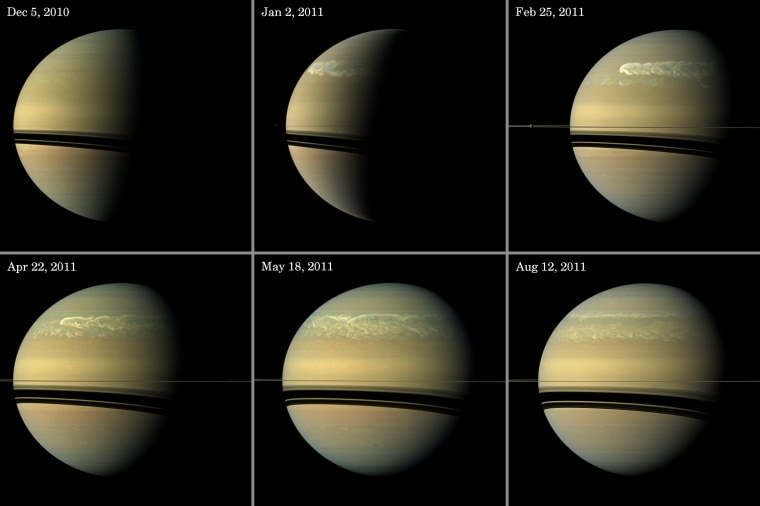 Images from Cassini show the evolution of a giant Saturnian storm over the course of months.