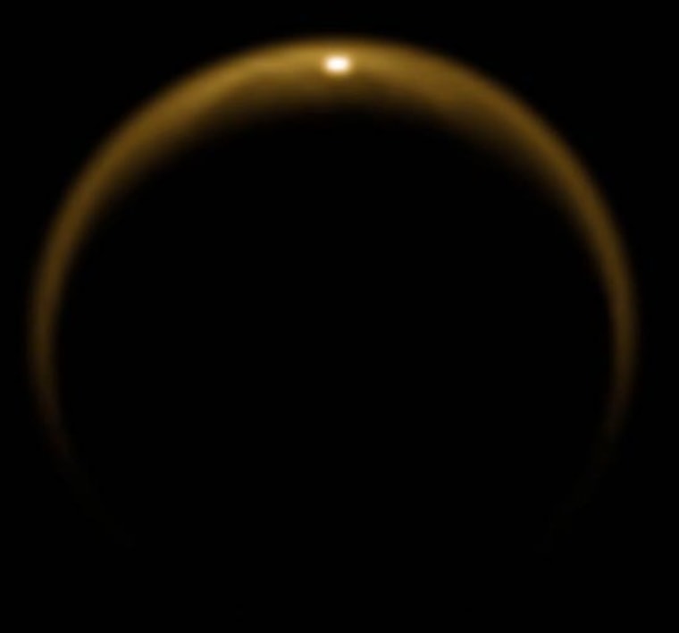 This image, obtained using Cassini's Visual and Infrared Mapping Spectrometer, shows the first observed flash of sunlight reflected off a lake on Saturn's Titan moon.