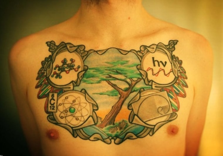 MRL, a graduate student in molecular biology at Princeton, wears universal truths on his chest, including the structure of a glucose molecule, a symbol from quantum physics, the golden ratio and a carbon atom. The tattoo is one of the featured images in