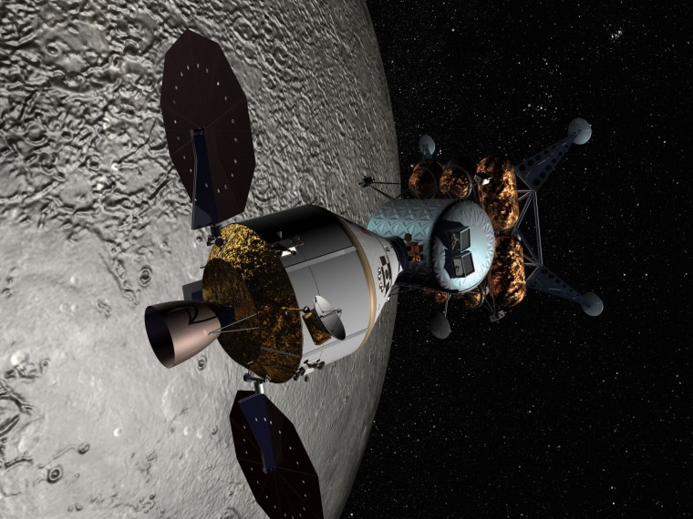 An artist's conception shows NASA's Orion exploration vehicle and a lander docked in lunar orbit.