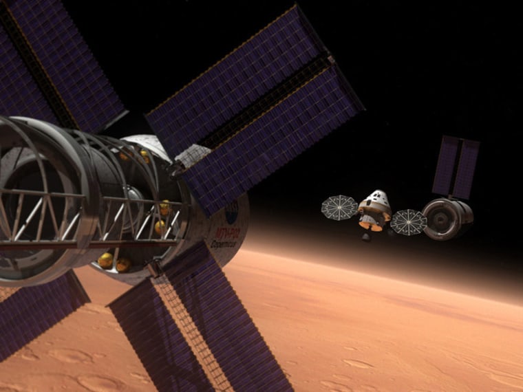 An artist's conception shows the Orion exploration vehicle and habitation modules in Martian orbit.