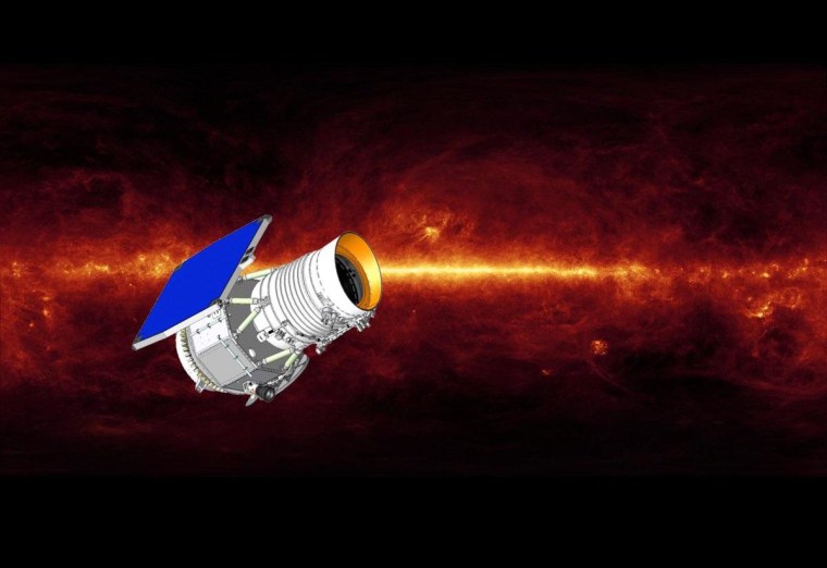 The Wide-field Infrared Survey Explorer, shown in this artist's conception, made a survey of the entire sky in mid-infrared wavelengths.