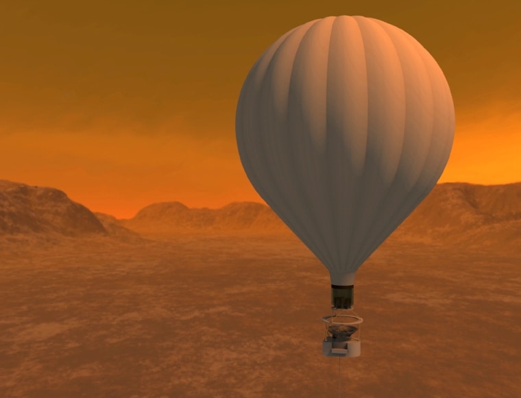 An artist's conception shows a future Titan Explorer probe that would float through the atmosphere of Titan, Saturn's largest moon, from the end of a cold-temperature balloon. Near Space Corp. of Tillamook, Ore., has been testing the cryogenic capabilities of such a balloon.