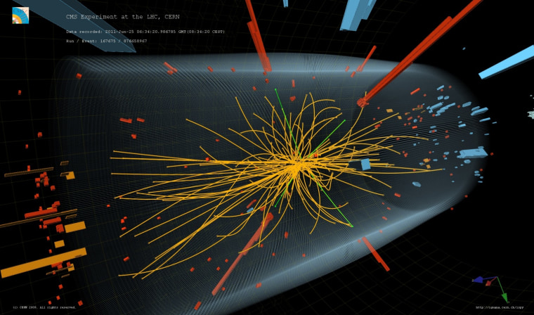 This graphic records proton collision events in the Large Hadron Collider's Compact Muon Solenoid in which four high-energy electrons (shown as red towers) are observed. The event shows characteristics expected from the decay of a Higgs boson but is also consistent with background processes.